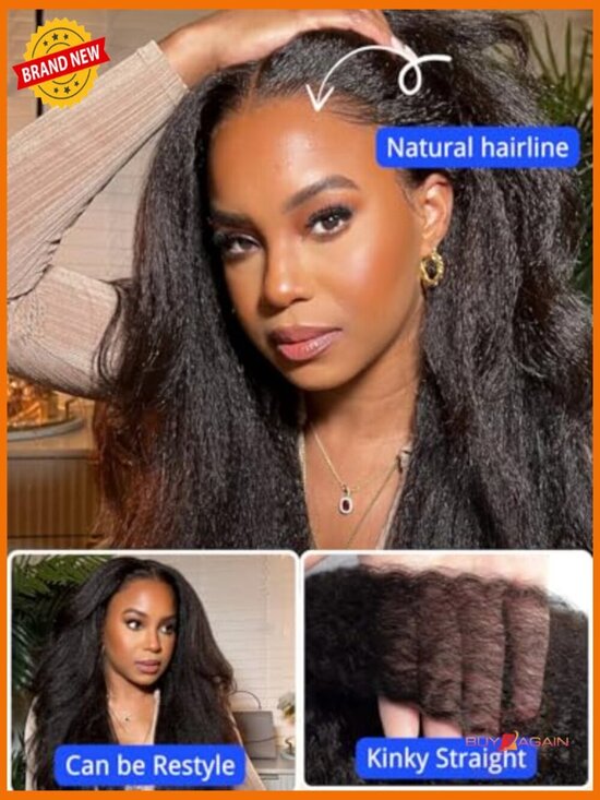 Kinky Straight V Part Wig Human Hair Glueless Drawstring 150% Density 16inch main image 7